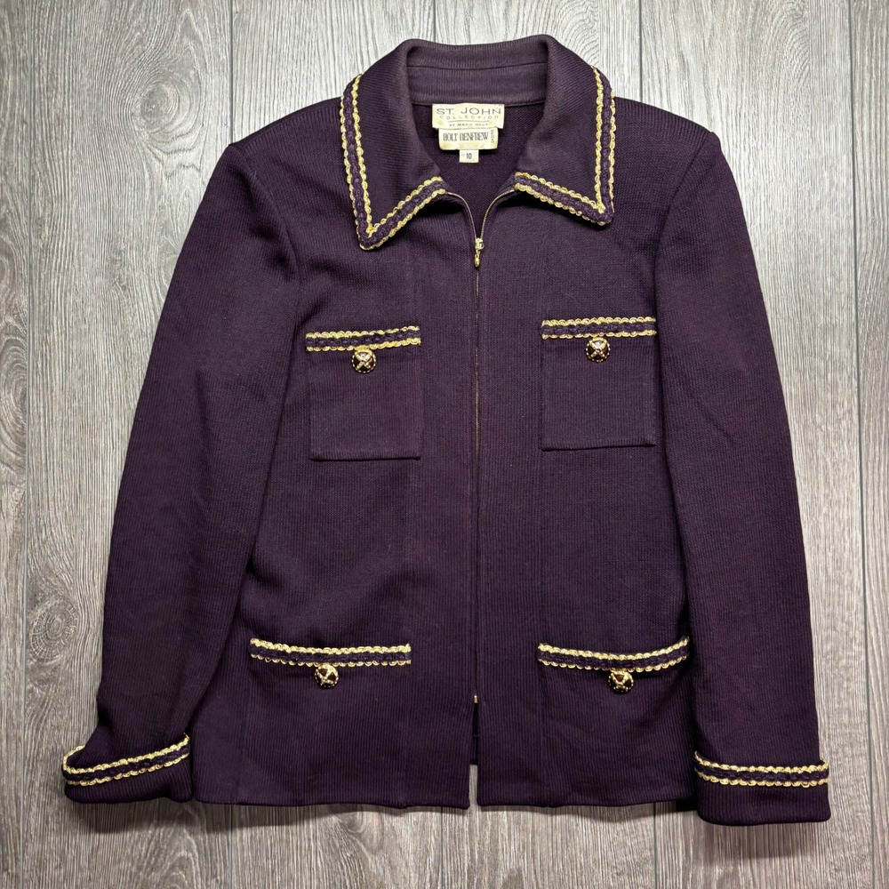 St John Collection Marie Gray Purple Knit Zip Jacket Gold Trim Womens 10